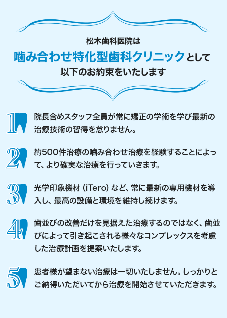 松木歯科医院はマウスピース特化型歯科クリニックとして以下のお約束をいたします